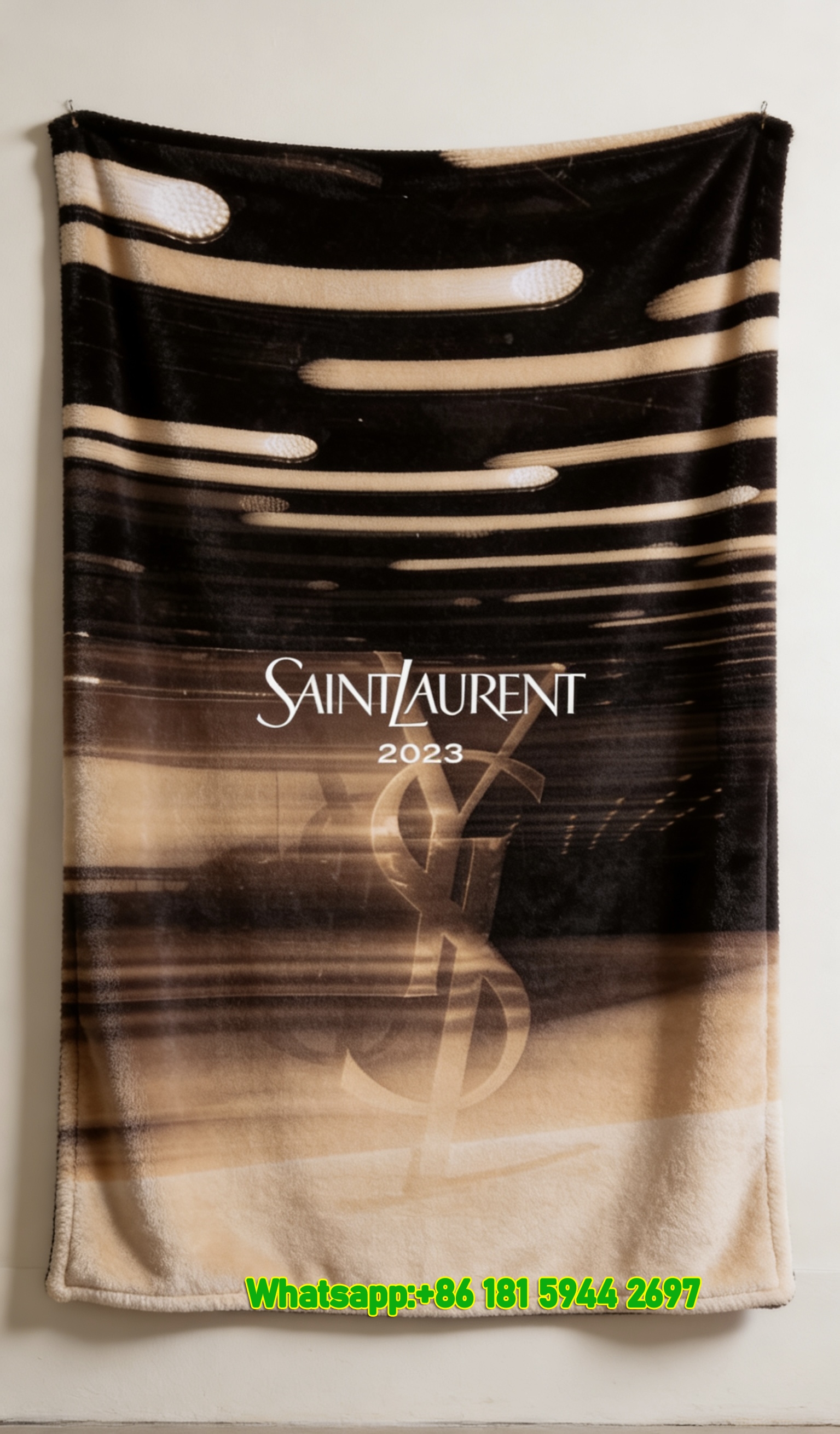 Yves Saint Laurent YSL Warm Beige 2023 Show Logo Print Flannel Sofa Throw Blanket Luxury Fashion Decor Blanket IMG_3233